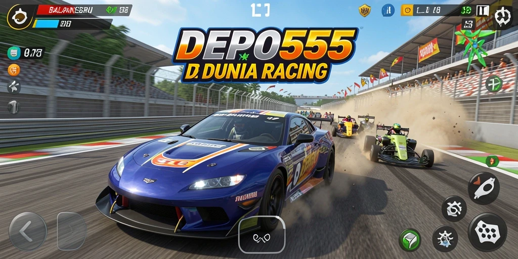 Screenshot gameplay DEPO555 menunjukkan aksi balapan yang intens.