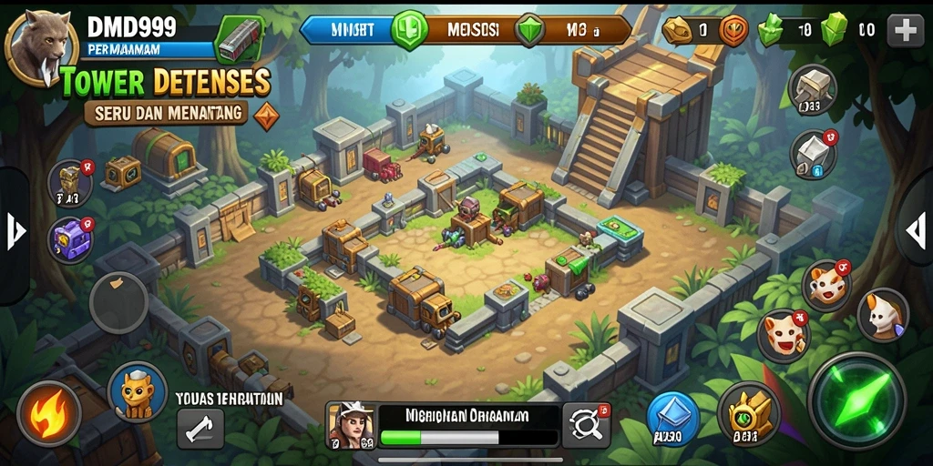 Screenshot gameplay DMD999 menampilkan pertempuran seru dengan menara yang megah.