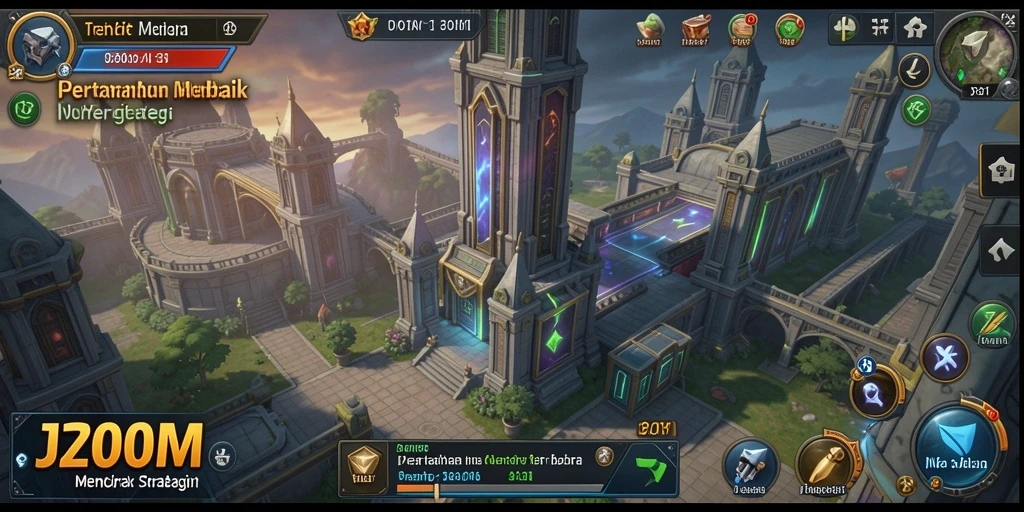 Screenshot gameplay J200M yang menampilkan pertahanan menara yang intens.