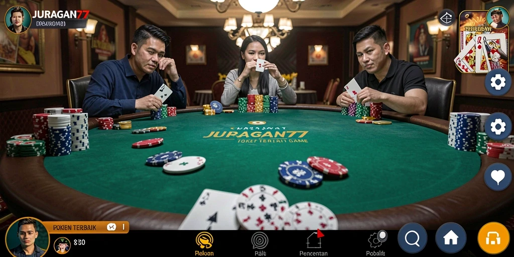 Screenshot JURAGAN77 menampilkan tampilan gameplay Poker yang menarik.