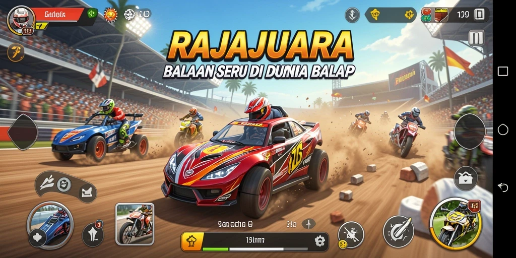 Screenshot gameplay RAJAJUARA menampilkan aksi balapan yang mendebarkan.