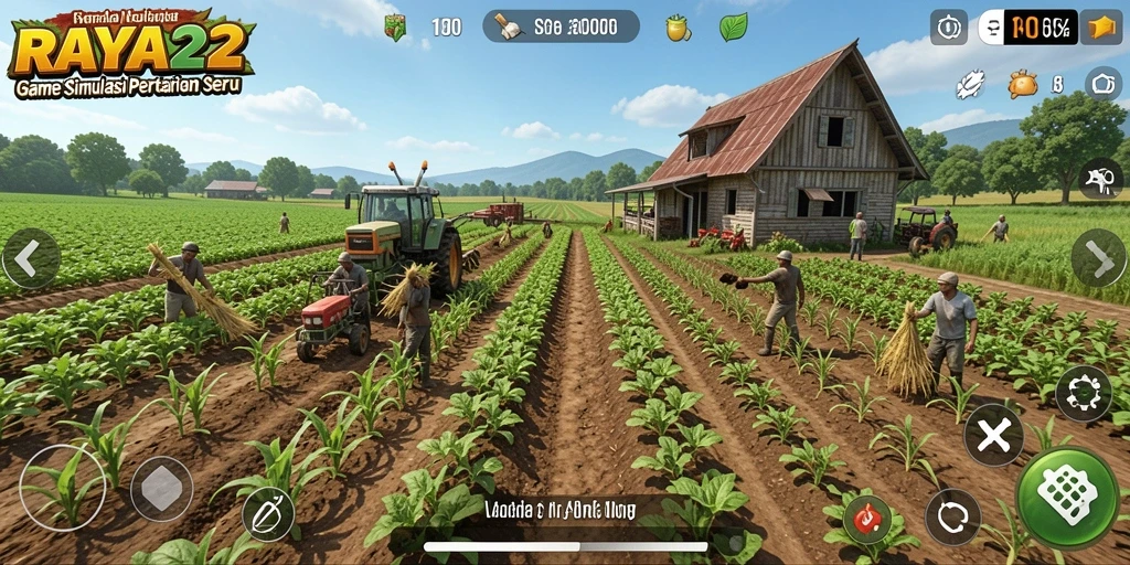 Tampilan gameplay RAYA22 dengan berbagai tanaman dan hewan ternak di ladang.