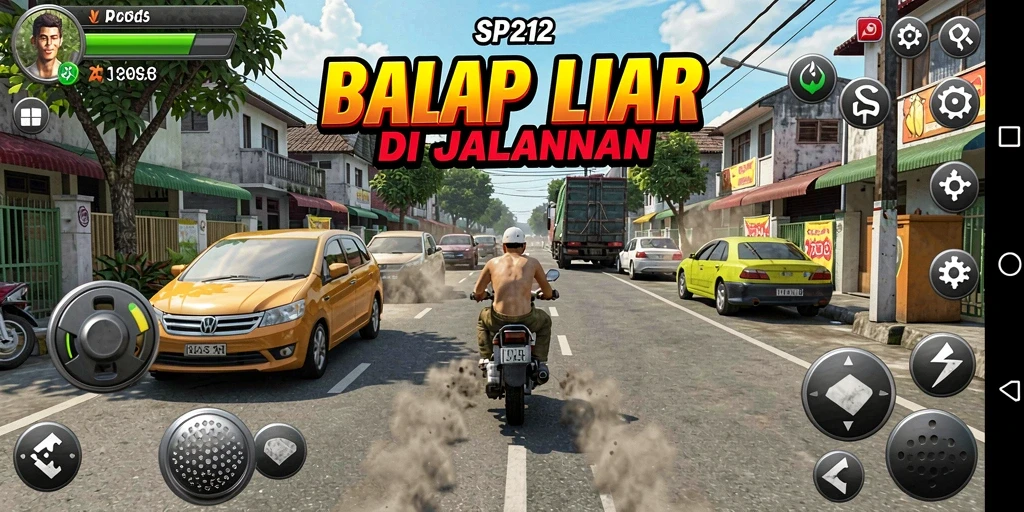 Screenshot gameplay SP212 menunjukkan balapan seru di jalanan.